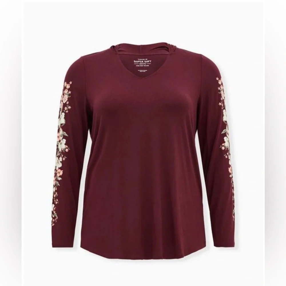 Women's V-Neck Floral Sleeve Top - Burgundy - Picture 2 of 6